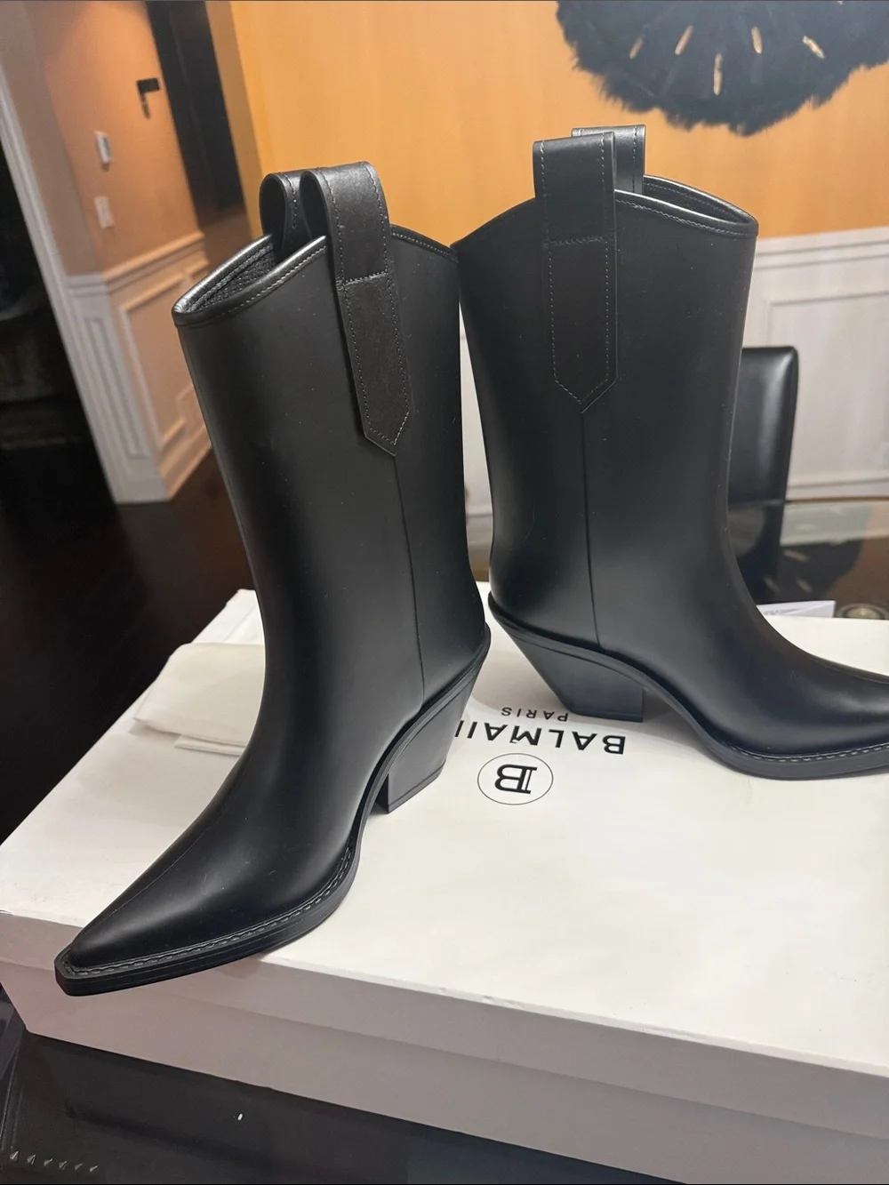 Balmain Black Leather Western Ankle Boots with Gold Logo Plaque